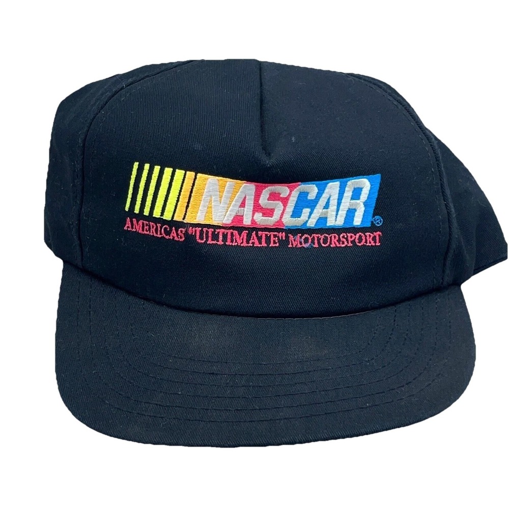 Vintage Nascar Hat Cap Snap Back Black Rainbow Logo 80s 90s USA Adjustable Adult